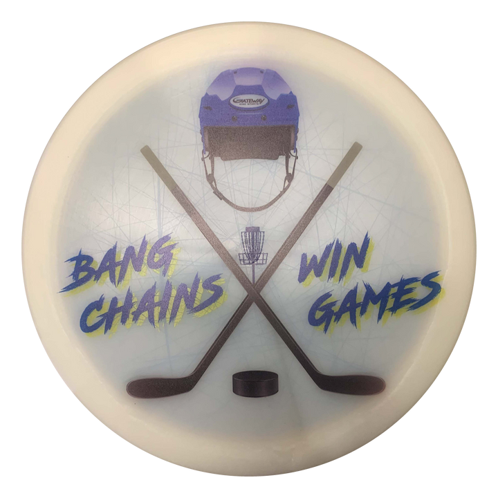 Celebrate St. Louis hockey with the St. Louis Hockey Full Color Drivers€”featuring crossed sticks, a puck, blue helmet, and €œBang Chains Win Games€� around a disc golf basket€”ideal for fans of fairway drivers and local sports pride.