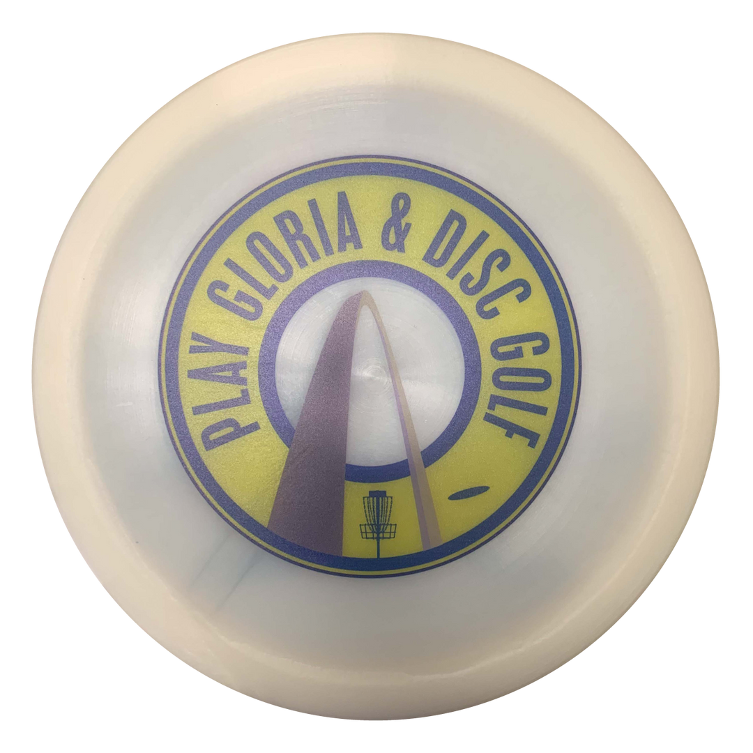 A white St. Louis Hockey Full Color Driver disc with a yellow and purple "PLAY GLORIA & DISC GOLF" logo, featuring an arch and basket—perfect for disc golf players and St. Louis hockey fans who love Fairway drivers.