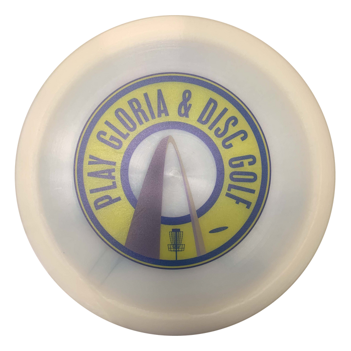 A white St. Louis Hockey Full Color Driver disc with a yellow and purple "PLAY GLORIA & DISC GOLF" logo, featuring an arch and basket—perfect for disc golf players and St. Louis hockey fans who love Fairway drivers.