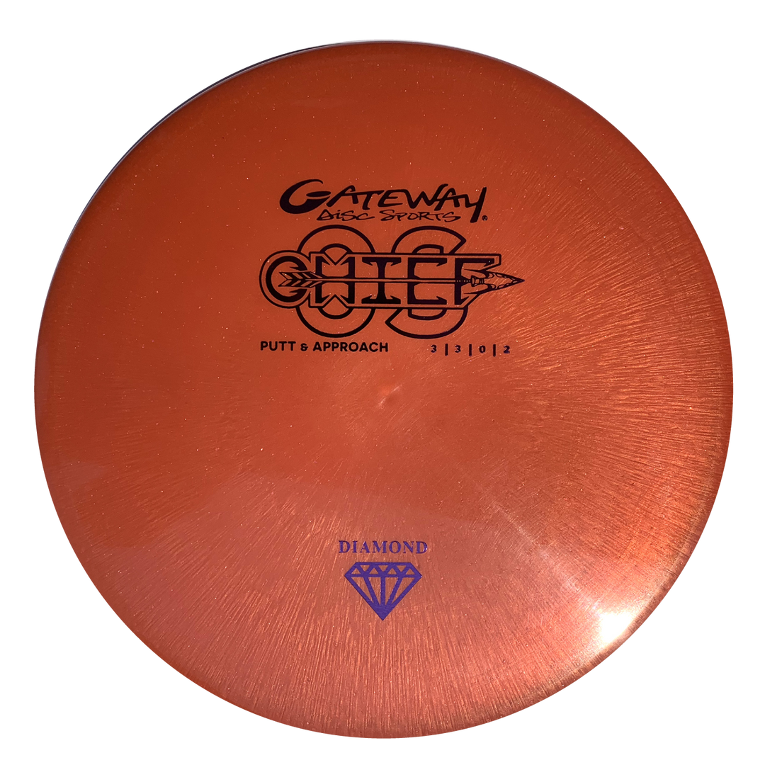 A shiny orange Chief OS - Diamond disc golf putter labeled —Chief,—� with flight numbers 3/3/0/2 and a blue diamond symbol—ideal for forehand drives or controlled hyzer lines.