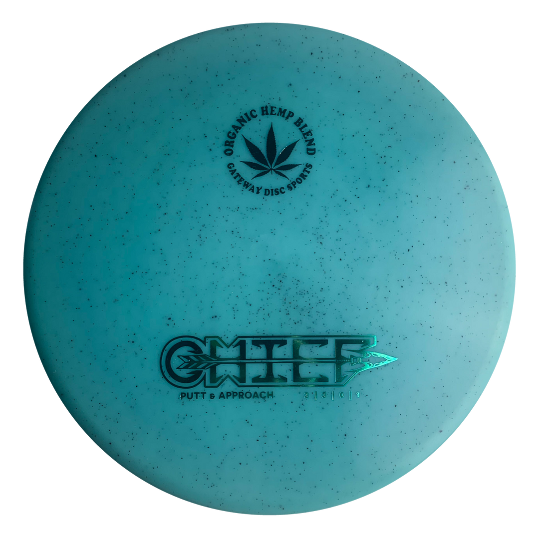 The Chief - Diamond Hemp is a blue, low-profile disc golf putter with "Gateway Disc Sports" and "Organic Hemp Blend" text, hemp leaf graphic, and "Chief" stamp—ideal for accurate tee shots or confident putts at the basket.