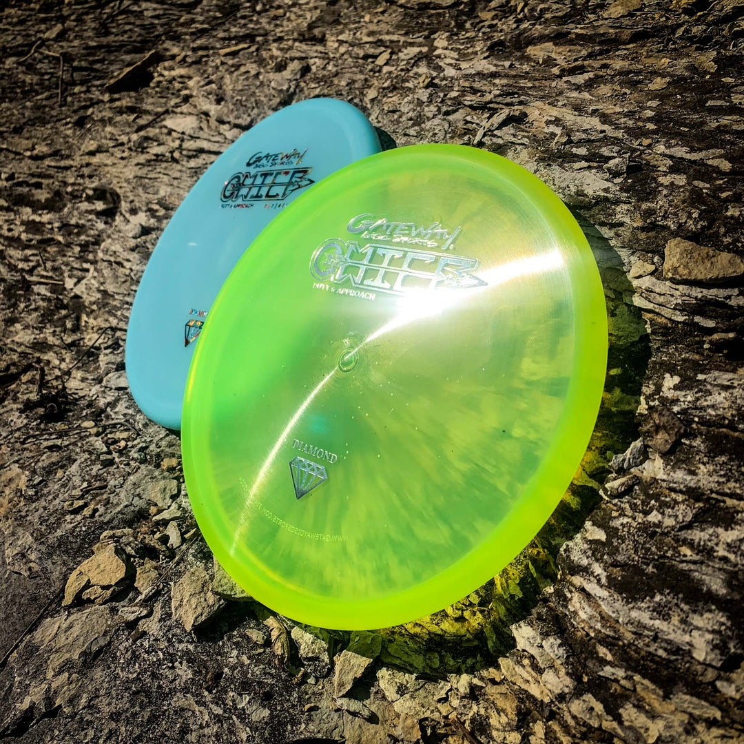 Two Chief - Diamond discs by Gateway, one blue and one translucent yellow with a beaded rim, rest on a rough-textured tree trunk outdoors in sunlight.