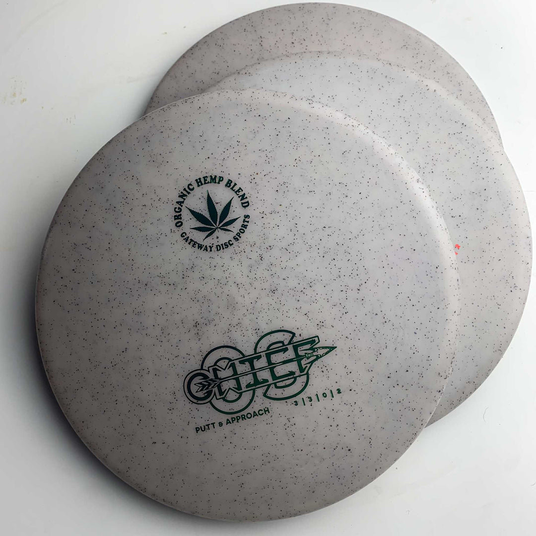 Three stacked gray Chief OS - Diamond Hemp disc golf discs with black speckling; top disc displays —Organic Hemp Blend—� and —Putt + Approach—� text—perfect for hyzer line shots or overstable Chief OS-style forehand drives.