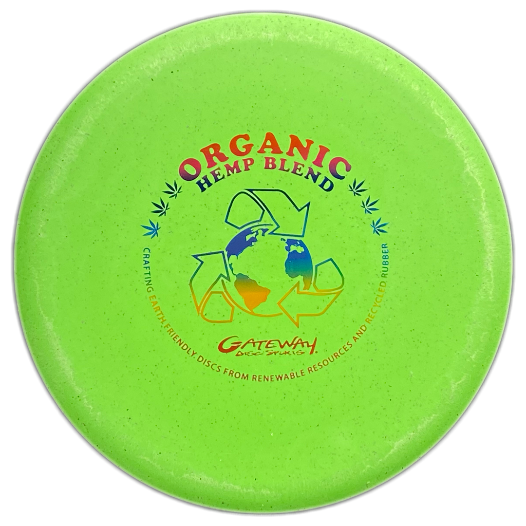 The Prophecy - Suregrip Hemp is a green, overstable mid-range disc golf disc featuring "Organic Hemp Blend," recycling symbols, an earth graphic, and Gateway Disc Sports branding for consistent flight.