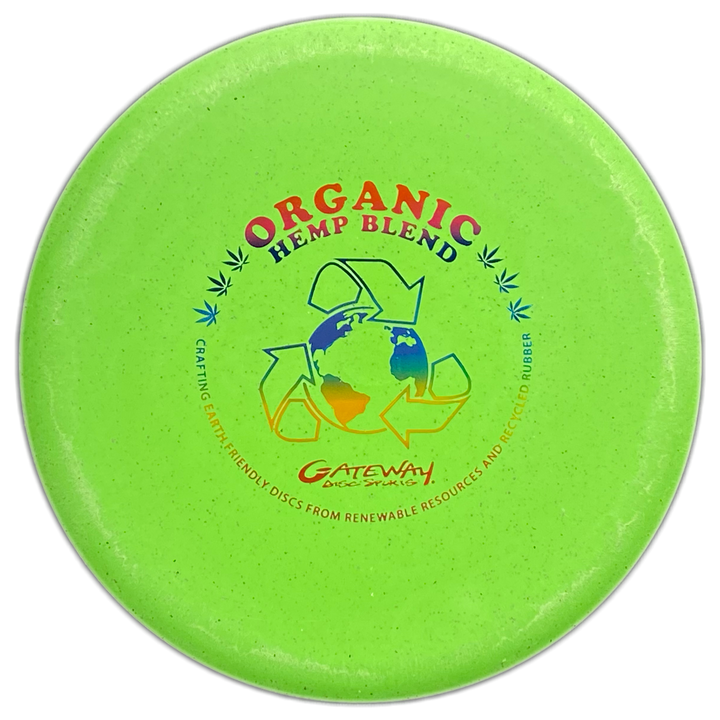 The Prophecy - Suregrip Hemp is a green, overstable mid-range disc golf disc featuring "Organic Hemp Blend," recycling symbols, an earth graphic, and Gateway Disc Sports branding for consistent flight.