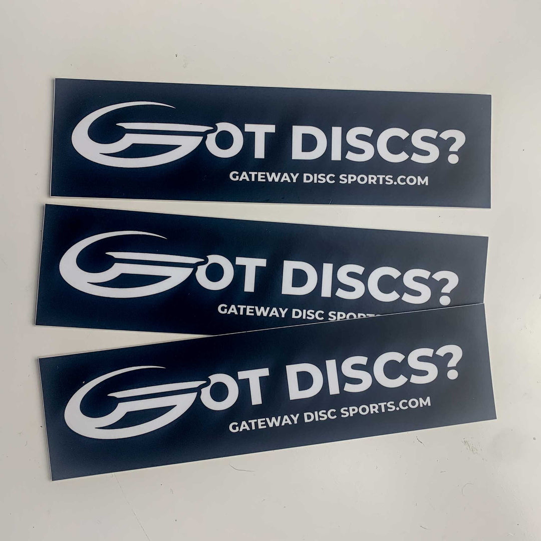 Three Got Discs? Bumper Stickers, each 2x5 inches in black vinyl with "GOT DISCS? GATEWAY DISC SPORTS.COM" in white text, are displayed on a white surface.