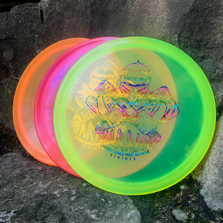 Three Warrior - Diamond mid-range discs with colorful illustrated designs are shown leaning against a rock outdoors.