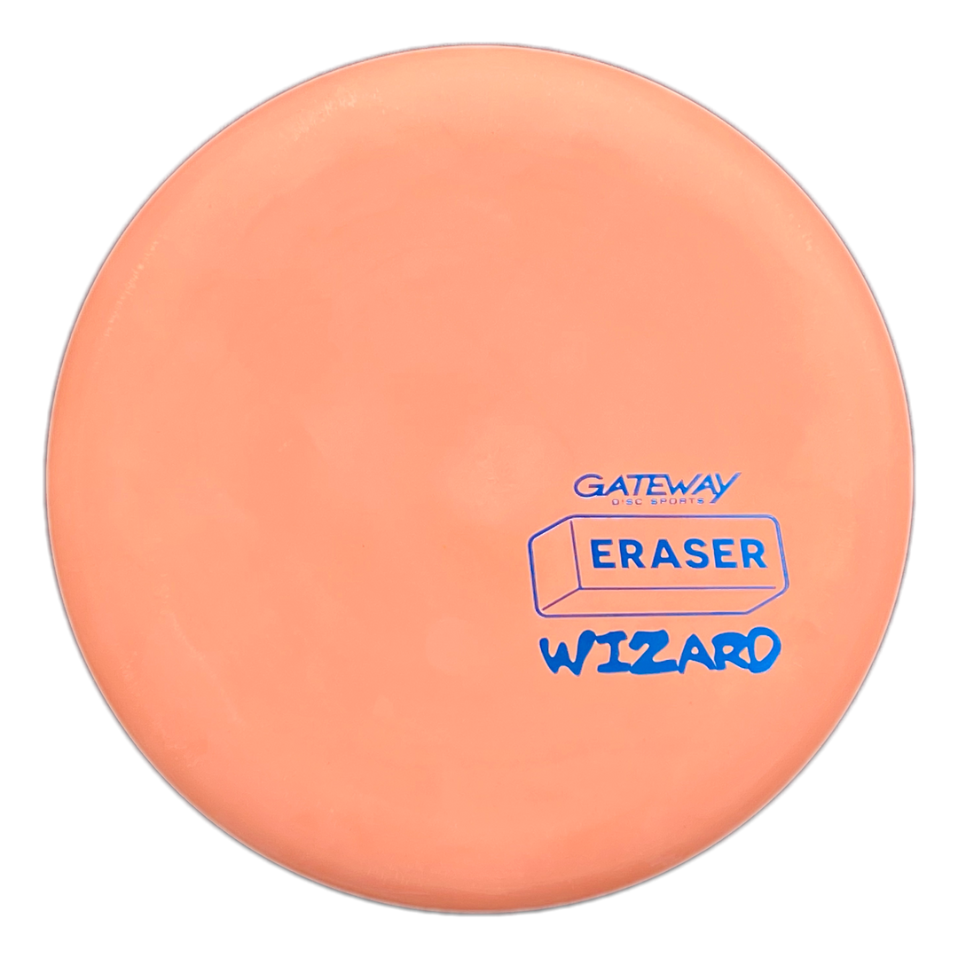 A peach Gateway Wizard - Eraser putter with blue text and a rectangular front logo—this stable workhorse putter inspires confidence, even in windy conditions.