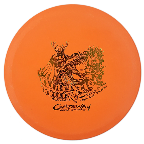 The Warrior - SureGrip by Gateway Disc Sports is an orange overstable mid-range disc with black artwork and text, designed for long upshots and reliable control.