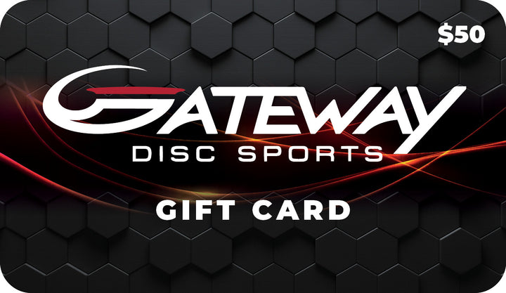 Gateway Gift Card: $50 e-gift certificate with a black hexagonal background and bold red accents.