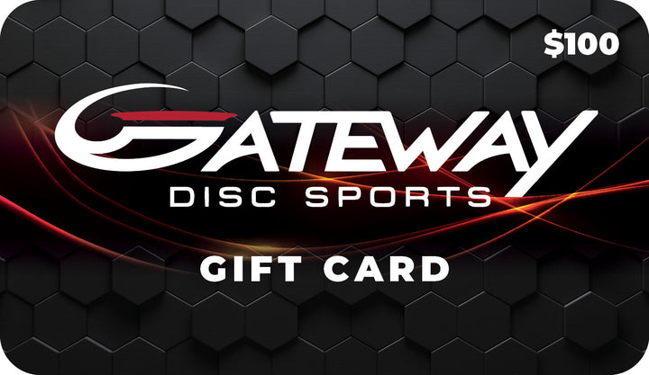 Gateway Gift Card valued at $100, featuring a black hexagonal pattern and bold white text. This versatile e-gift card is the perfect choice for disc golf enthusiasts.