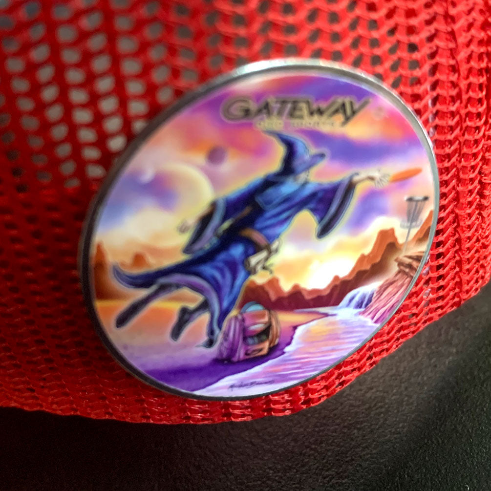The Hat Pins feature a wizard in a blue robe holding a staff with "GATEWAY" above, celebrating Wizard Jump Putting, and are attached to red mesh fabric.