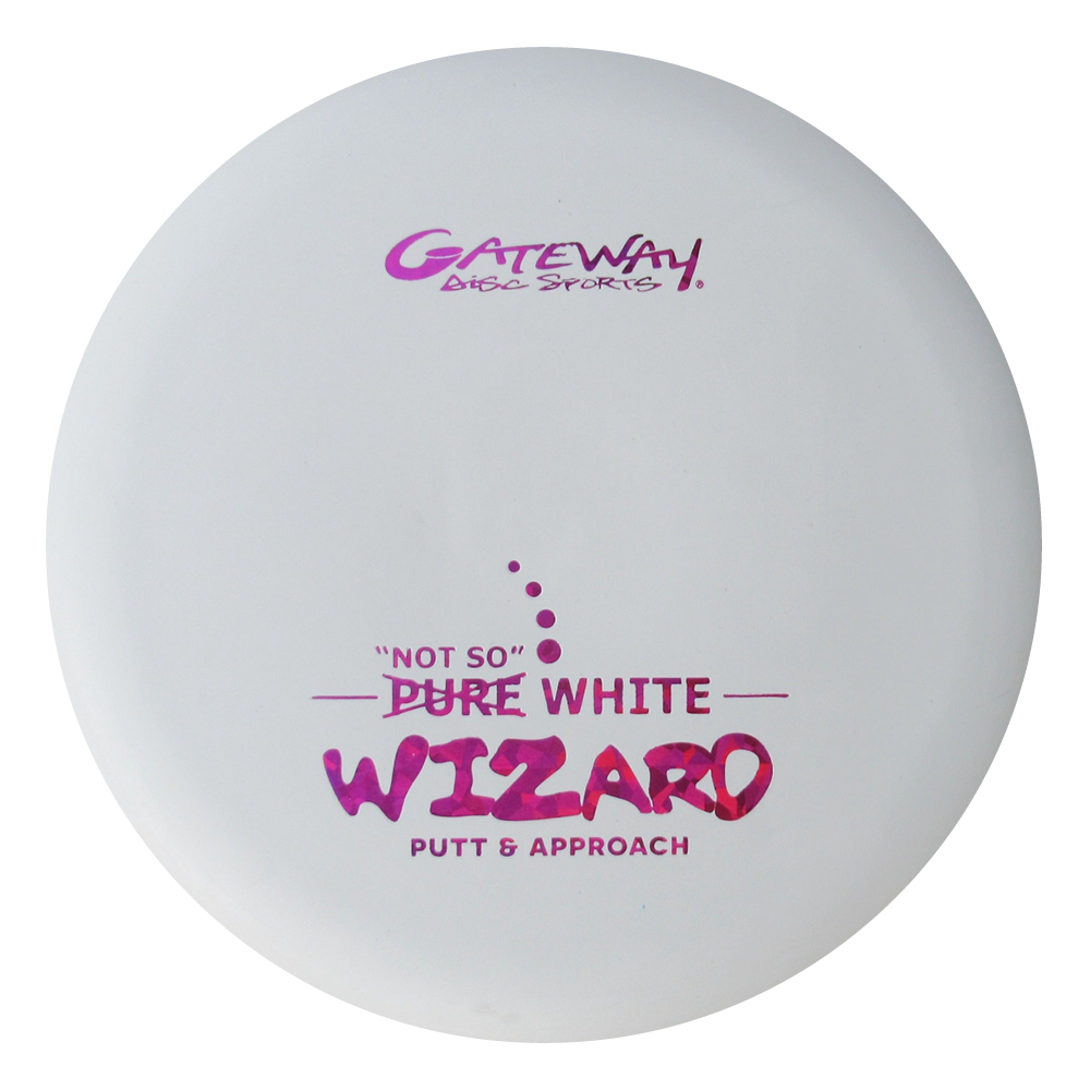 The Wizard - "Not So" Pure White is a stable white disc golf putter with purple and pink "Gateway Disc Sports 'Not So' Pure White Wizard Putt & Approach" text, ideal as a reliable workhorse for consistent mid-range drives.