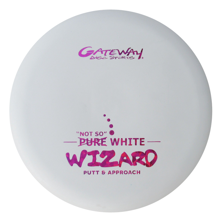 The Wizard - "Not So" Pure White is a stable white disc golf putter with purple and pink "Gateway Disc Sports 'Not So' Pure White Wizard Putt & Approach" text, ideal as a reliable workhorse for consistent mid-range drives.