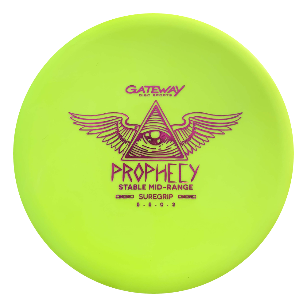 A neon yellow Prophecy - SureGrip disc golf disc with a winged triangle and eye design, purple text, premium grip, and overstable flight€”ideal for consistent mid-range throws.