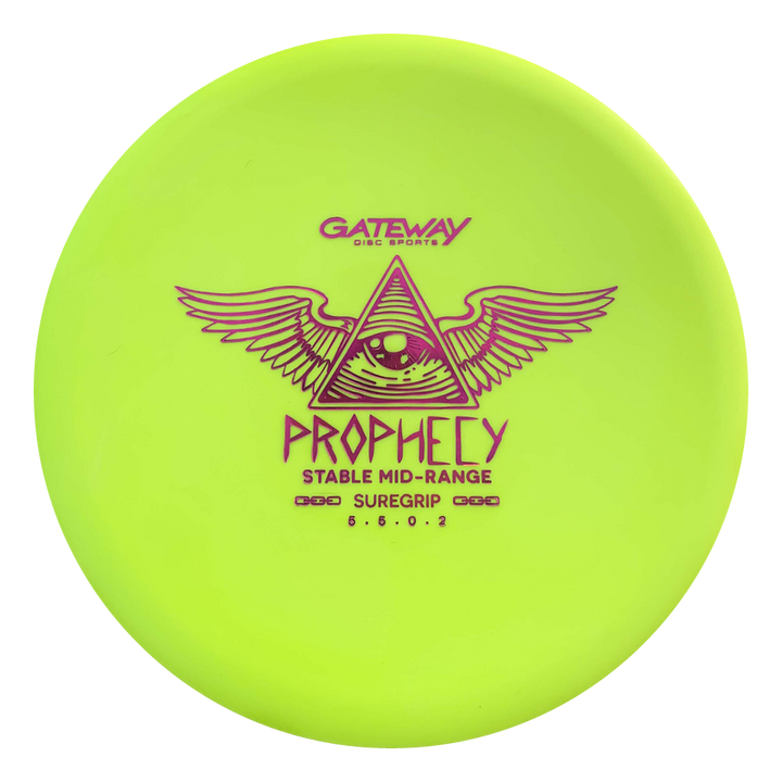 A neon yellow Prophecy - SureGrip disc golf disc with a winged triangle and eye design, purple text, premium grip, and overstable flight€”ideal for consistent mid-range throws.