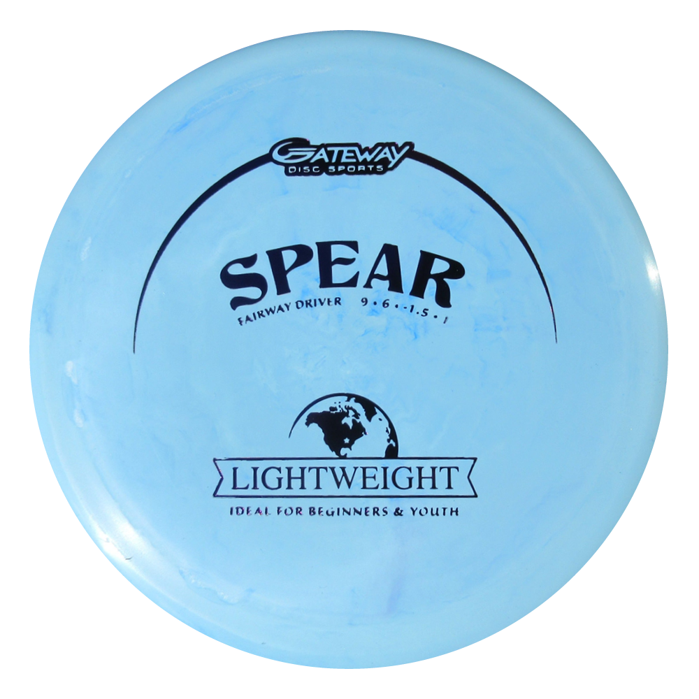 A blue "Spear - SureGrip Lightweight" disc golf disc, ideal for beginners and youth, offers accurate placement and steady throws on the course.