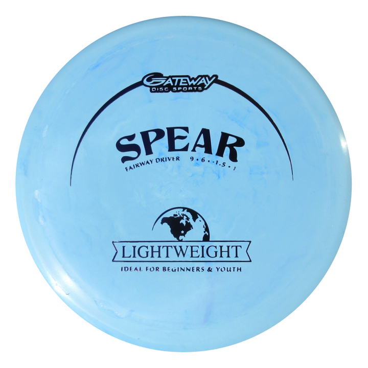 A blue "Spear - SureGrip Lightweight" disc golf disc, ideal for beginners and youth, offers accurate placement and steady throws on the course.
