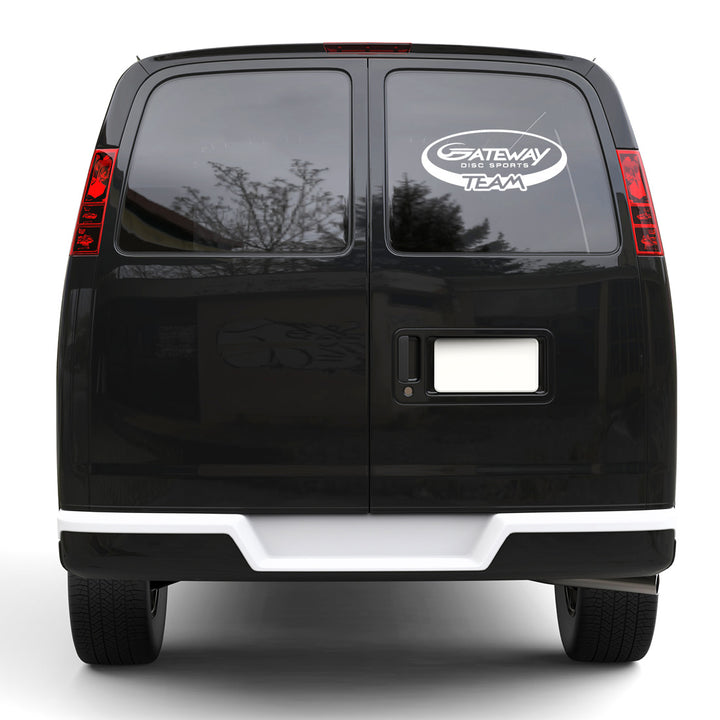 Rear view of a black delivery van with tinted windows featuring a Gateway Disc Sports Team Window Decal in white vinyl on the back window.
