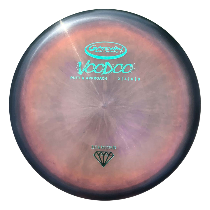 The Gateway Voodoo - Diamond is a marbled putt and approach disc featuring turquoise and black text with a diamond symbol, designed for comfortable grip and straight, reliable lay-ups.