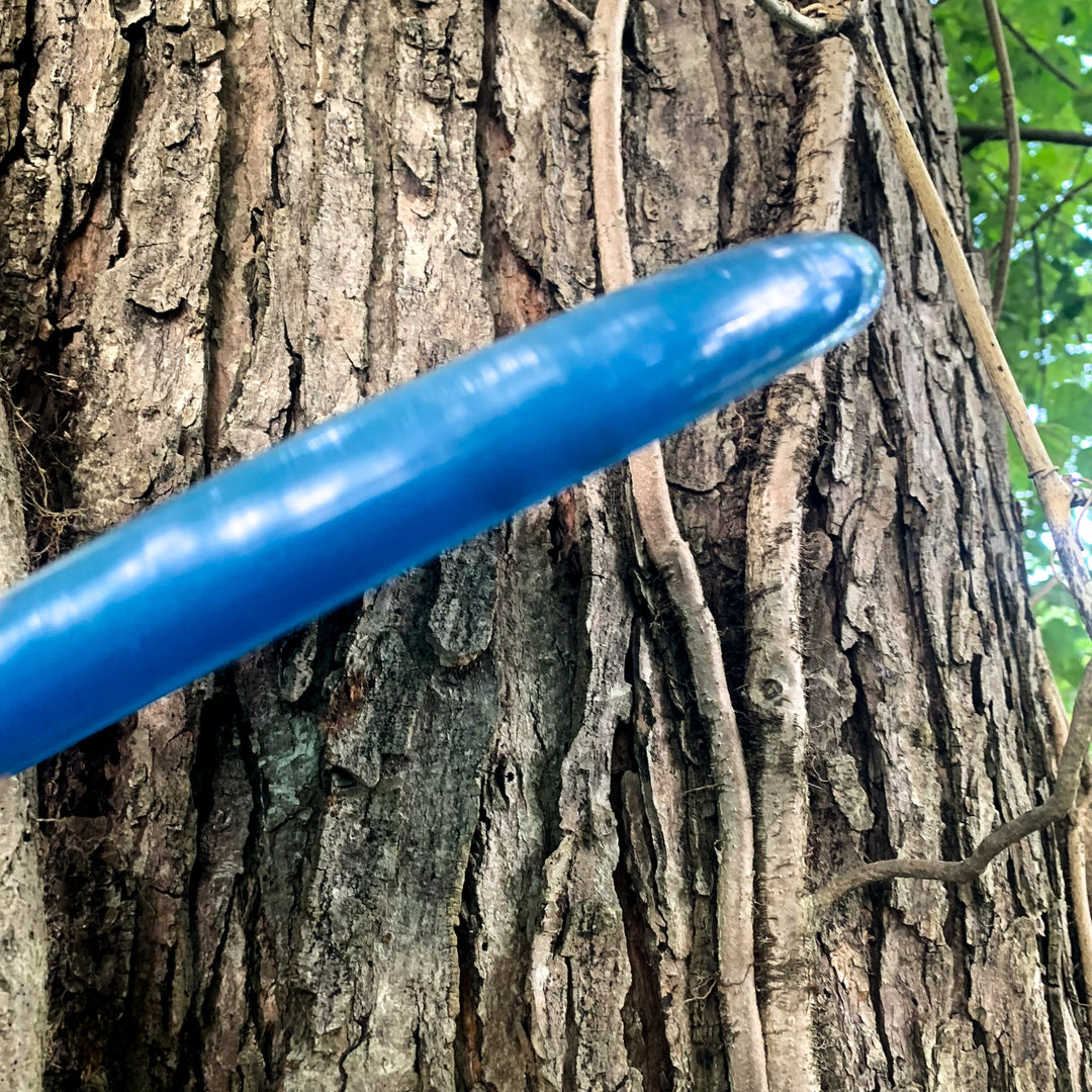 A Voodoo - Diamond disc in blue is lodged in the rough bark of a tree, with green leaves in the background.