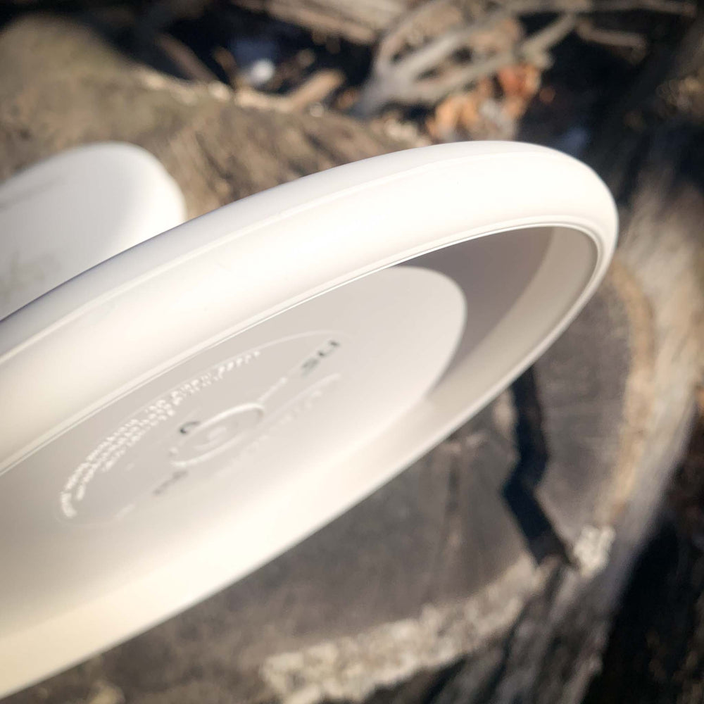 Close-up of a Voodoo - Pure White disc, balanced on a tree stump with sunlight casting shadows.