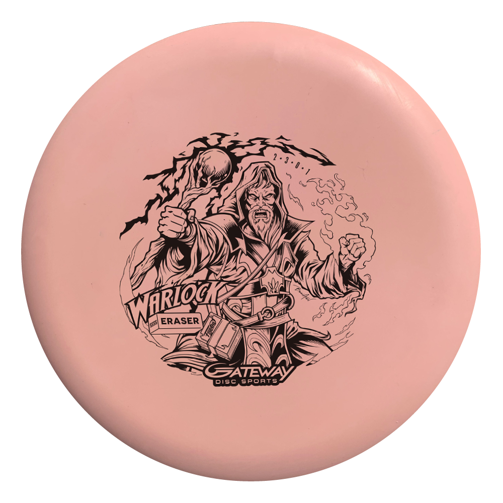A pink Warlock - Eraser - Brian Allen putter by Gateway Disc Sports, featuring a black wizard illustration holding a glowing orb and labeled —Warlock Eraser.—�.