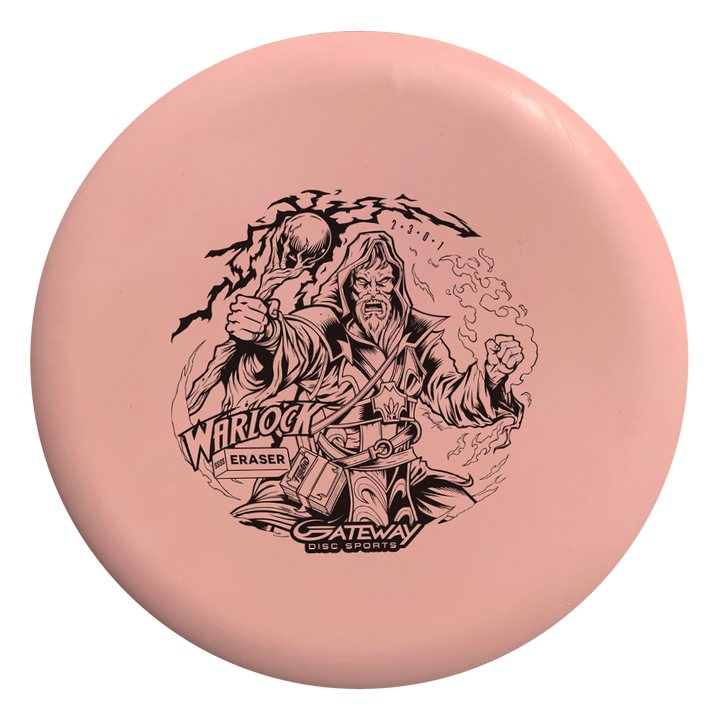 A pink Warlock - Eraser - Brian Allen putter by Gateway Disc Sports, featuring a black wizard illustration holding a glowing orb and labeled —Warlock Eraser.—�.