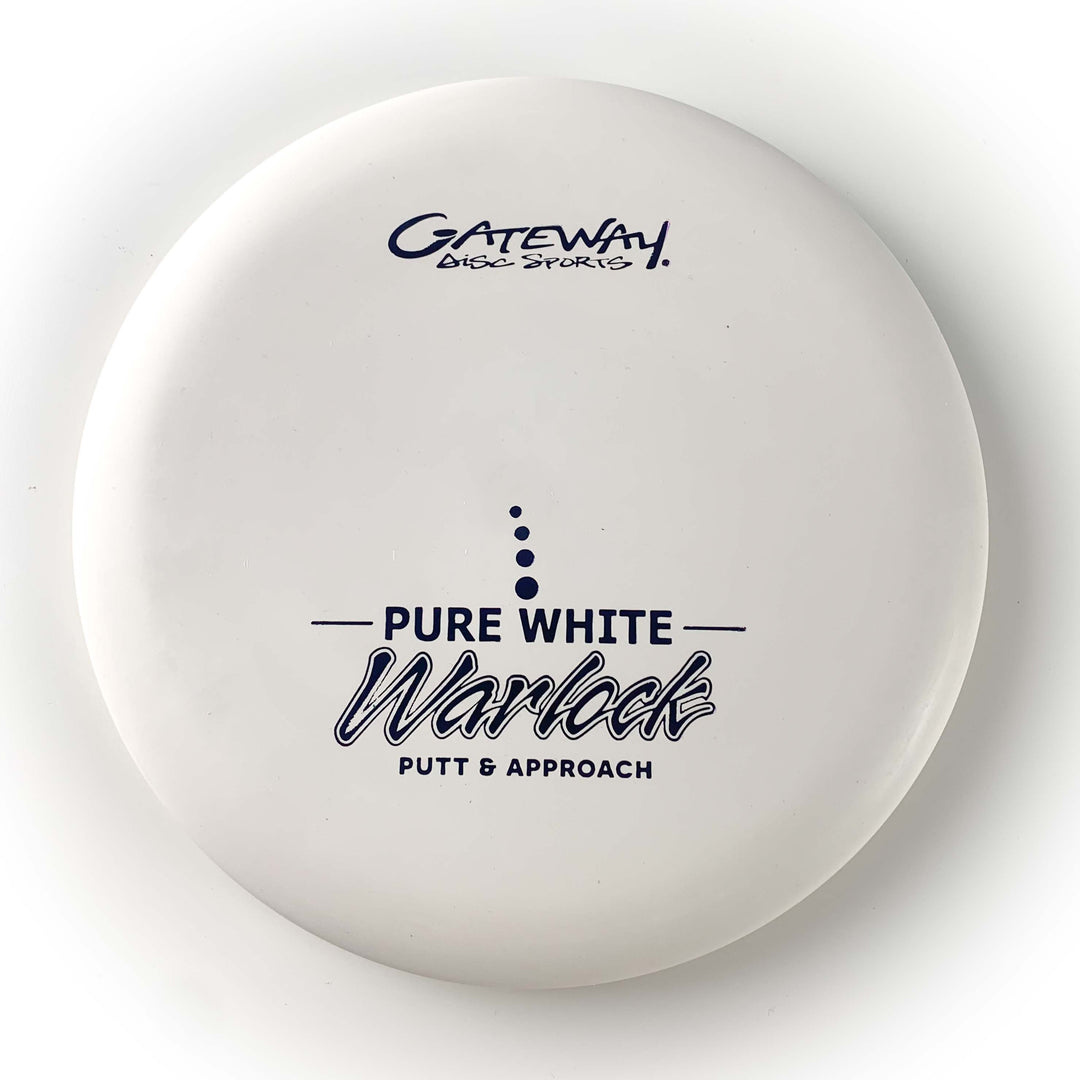The Warlock - Pure White is a white disc golf putter with blue text, offering precision and smooth release that rivals the renowned Wizard.