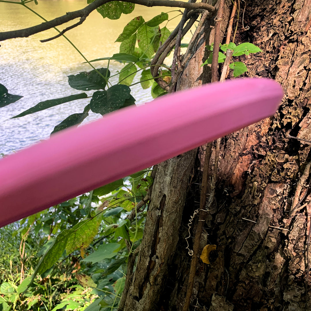 A pink Warlock - Suregrip - SSS putter frisbee rests against a tree trunk with green leaves and a body of water in the background.
