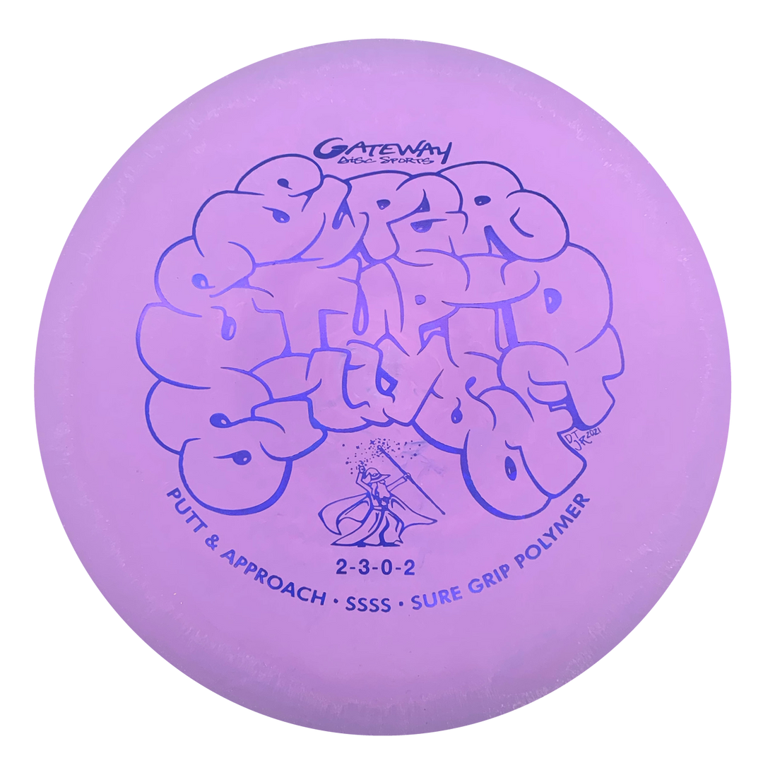 A purple Wizard - SSSS putt and approach disc with —Super Stupid Soft—� text, Gateway Disc Sports branding, and flight info printed on the surface.