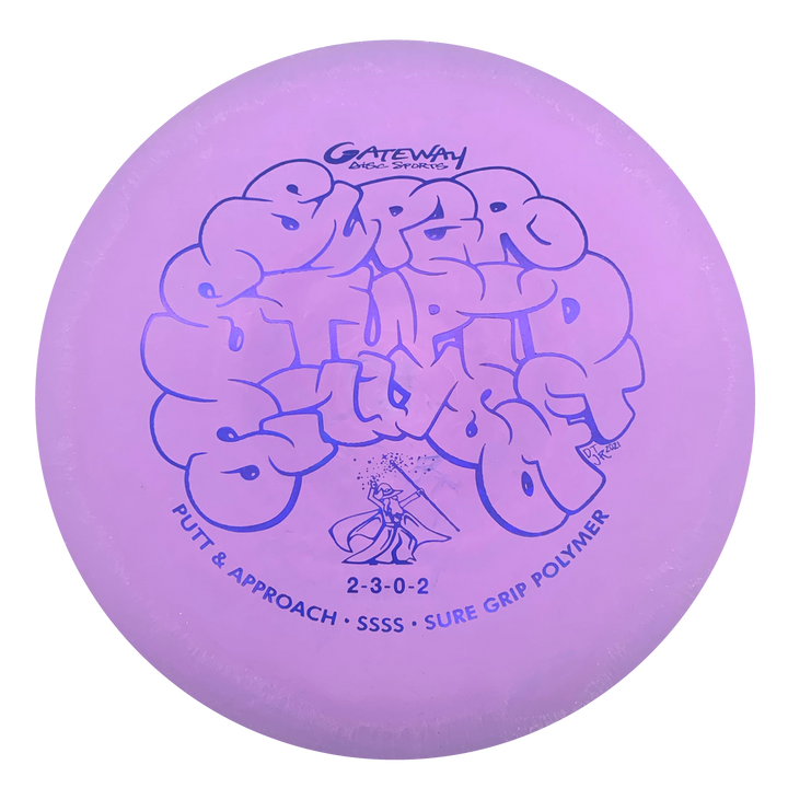 A purple Wizard - SSSS putt and approach disc with —Super Stupid Soft—� text, Gateway Disc Sports branding, and flight info printed on the surface.