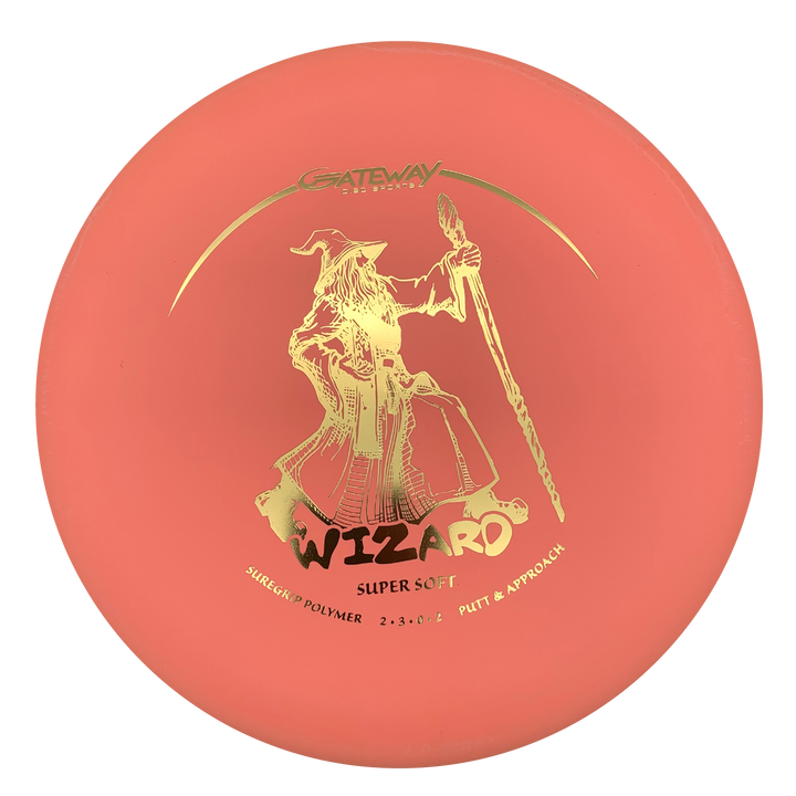 The red Gateway Wizard - SS putter features a gold wizard with staff and "WIZARD SUPER SOFT" on the front, offering reliable stability and performance even in windy conditions.