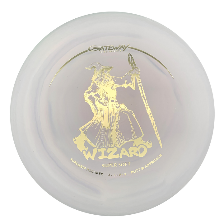 This white Gateway Wizard - SS putter features a gold wizard with staff and "Wizard Super Soft" text on the front—offering dependable, stable performance even in windy conditions.