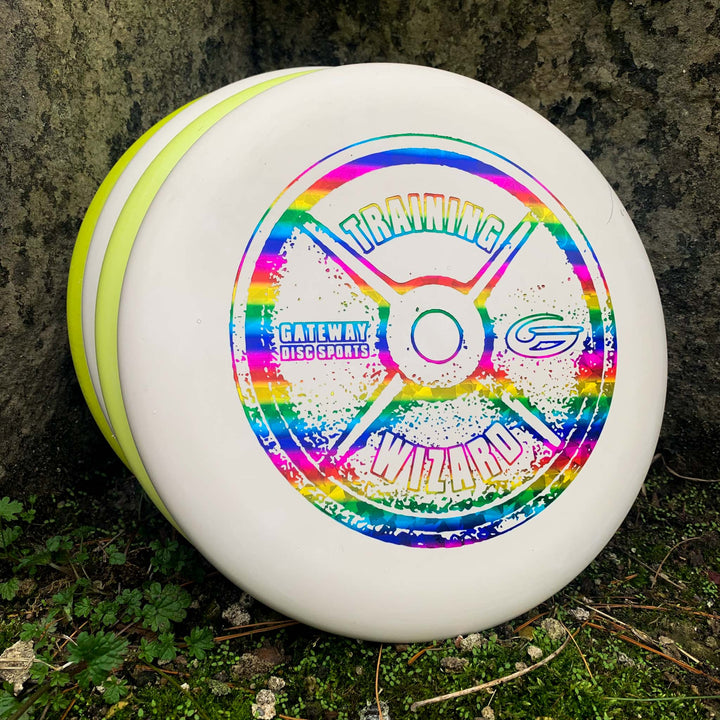 Two Gateway Disc Sports Wizard - Training Weight discs with colorful designs rest by a stone surface, ready to show their stable putter performance for reliable mid-range drives, even in windy conditions.