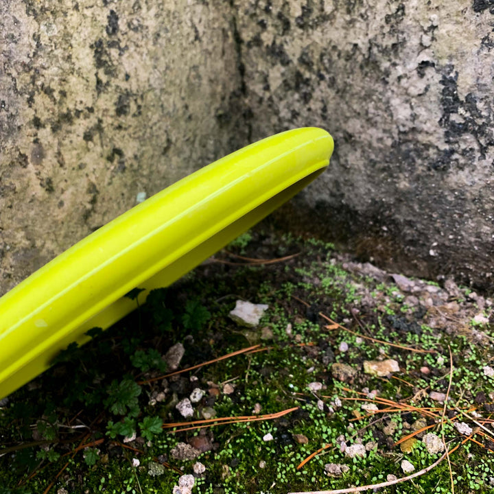 The Wizard - Training Weight, a yellow frisbee ideal as a stable workhorse putter for windy days or mid-range drives, leans against a rough concrete wall on mossy ground dotted with small plants and pine needles.